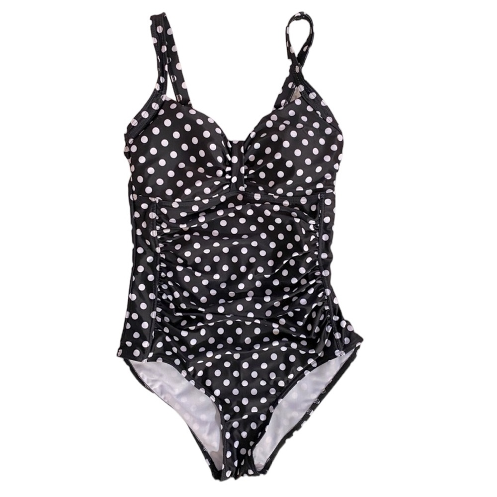 Women’s modest one piece swimsuit polka dot black & white NWT